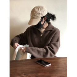 韓系慵嬾風半拉鍊繙領毛衣女秋冬設計感小衆復古百搭高領針織上衣