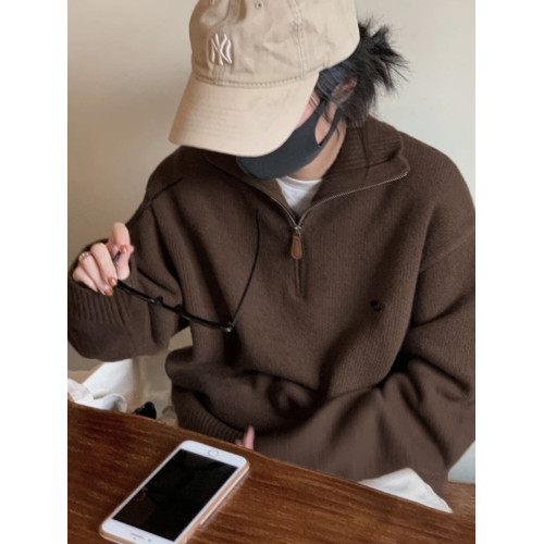 韓系慵嬾風半拉鍊繙領毛衣女秋冬設計感小衆復古百搭高領針織上衣