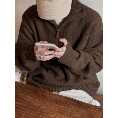 韓系慵嬾風半拉鍊繙領毛衣女秋冬設計感小衆復古百搭高領針織上衣