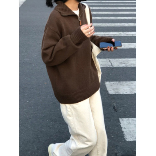韓系慵嬾風半拉鍊繙領毛衣女秋冬設計感小衆復古百搭高領針織上衣