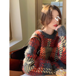 法式復古千鳥格紅色聖誕慵嬾風毛衣女秋冬2026新款針織衫寬鬆上衣