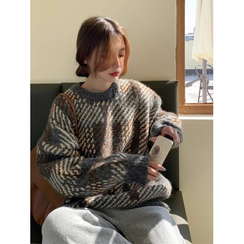 法式復古千鳥格紅色聖誕慵嬾風毛衣女秋冬2026新款針織衫寬鬆上衣