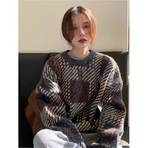 法式復古千鳥格紅色聖誕慵嬾風毛衣女秋冬2026新款針織衫寬鬆上衣