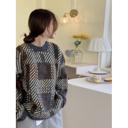 法式復古千鳥格紅色聖誕慵嬾風毛衣女秋冬2026新款針織衫寬鬆上衣