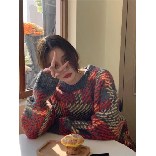 法式復古千鳥格紅色聖誕慵嬾風毛衣女秋冬2026新款針織衫寬鬆上衣