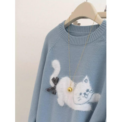 藍色小貓圓領套頭羊絨毛衣女2024冬正肩寬鬆內搭小個子針織衫上衣