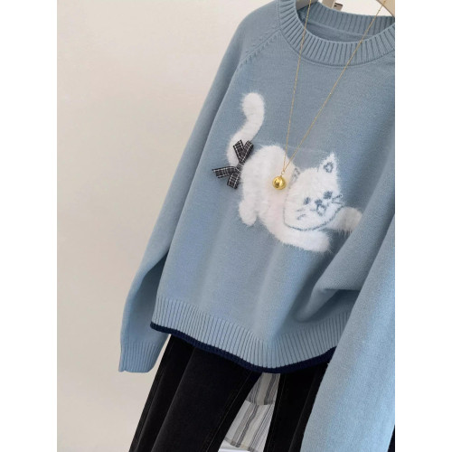 藍色小貓圓領套頭羊絨毛衣女2024冬正肩寬鬆內搭小個子針織衫上衣