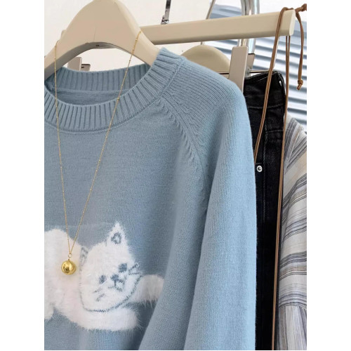 藍色小貓圓領套頭羊絨毛衣女2024冬正肩寬鬆內搭小個子針織衫上衣