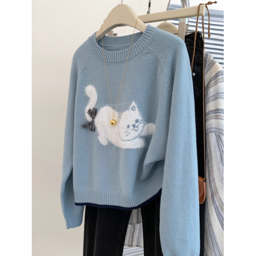 藍色小貓圓領套頭羊絨毛衣女2024冬正肩寬鬆內搭小個子針織衫上衣