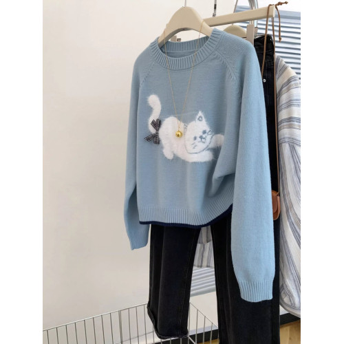 藍色小貓圓領套頭羊絨毛衣女2024冬正肩寬鬆內搭小個子針織衫上衣