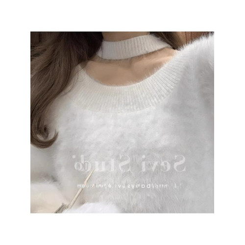 純欲風兩穿性感一字肩毛衣女秋冬仿貂絨寬鬆中長款小心機掛脖上衣