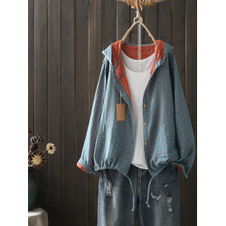 文藝復古秋季女士連帽短外套單排釦色織雙層棉紗長袖開衫薄款上衣