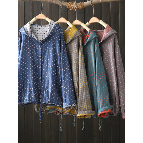 文藝復古秋季女士連帽短外套單排釦色織雙層棉紗長袖開衫薄款上衣 文藝復古秋季女士連帽短外套單排釦色織雙層棉紗長袖開衫薄款上衣