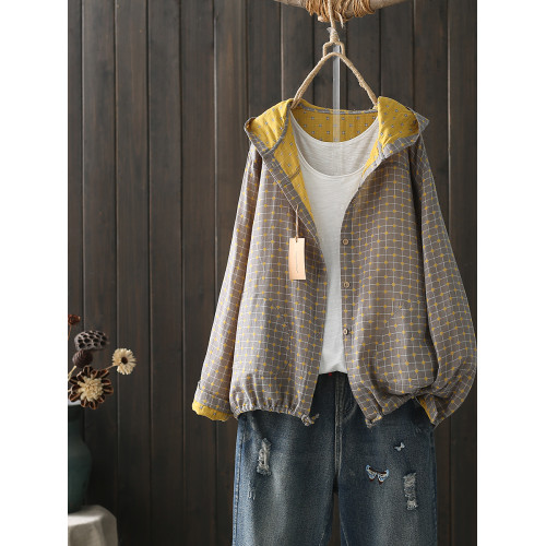 文藝復古秋季女士連帽短外套單排釦色織雙層棉紗長袖開衫薄款上衣 文藝復古秋季女士連帽短外套單排釦色織雙層棉紗長袖開衫薄款上衣