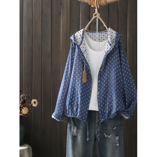 文藝復古秋季女士連帽短外套單排釦色織雙層棉紗長袖開衫薄款上衣 文藝復古秋季女士連帽短外套單排釦色織雙層棉紗長袖開衫薄款上衣