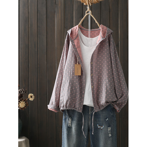 文藝復古秋季女士連帽短外套單排釦色織雙層棉紗長袖開衫薄款上衣 文藝復古秋季女士連帽短外套單排釦色織雙層棉紗長袖開衫薄款上衣