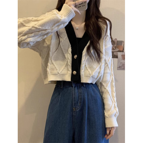 復古咖色軟糯麻花毛衣外套女春秋款粗線寬鬆針織開衫外搭短款上衣