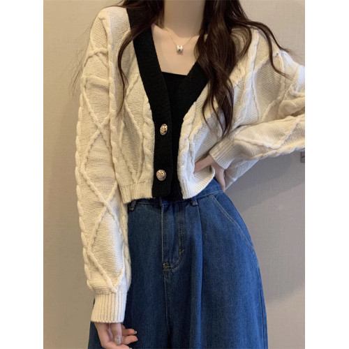 復古咖色軟糯麻花毛衣外套女春秋款粗線寬鬆針織開衫外搭短款上衣