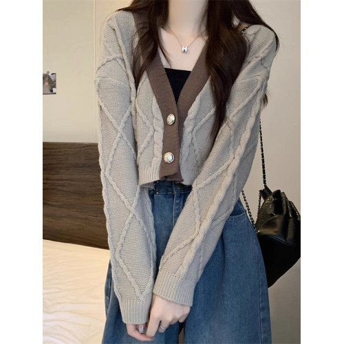 復古咖色軟糯麻花毛衣外套女春秋款粗線寬鬆針織開衫外搭短款上衣