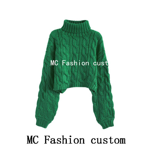 品牌折釦灰色高領短款麻花毛衣女秋冬新款慵懶風寬松加厚針織外穿