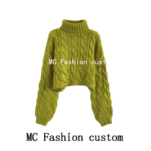 品牌折釦灰色高領短款麻花毛衣女秋冬新款慵懶風寬松加厚針織外穿