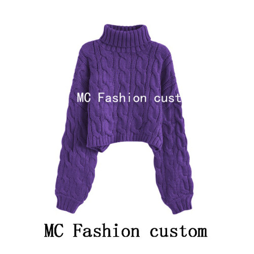 品牌折釦灰色高領短款麻花毛衣女秋冬新款慵懶風寬松加厚針織外穿