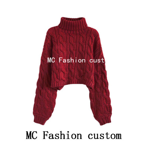 品牌折釦灰色高領短款麻花毛衣女秋冬新款慵懶風寬松加厚針織外穿