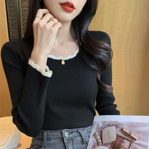 木耳邊方領內搭修身毛衣女打底衫春秋高級感小衆設計感針織上衣潮