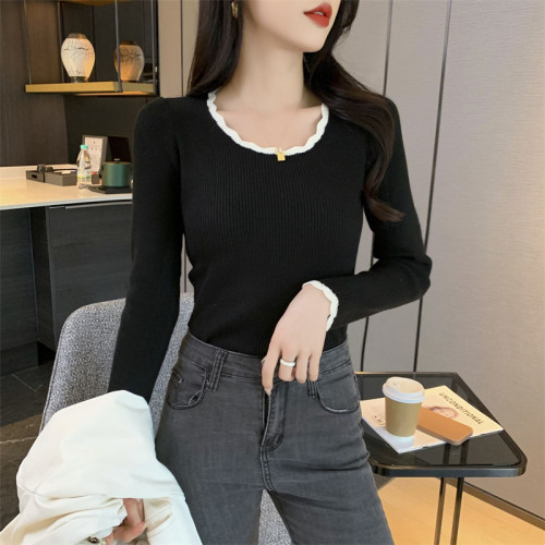 木耳邊方領內搭修身毛衣女打底衫春秋高級感小衆設計感針織上衣潮