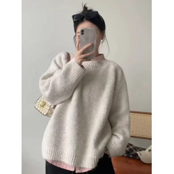 藍色圓領毛衣女秋冬小個子寬鬆慵嬾風套頭加厚針織衫軟糯內搭上衣