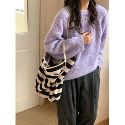 藍色圓領毛衣女秋冬小個子寬鬆慵嬾風套頭加厚針織衫軟糯內搭上衣