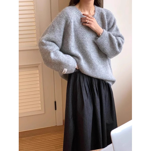 藍色圓領毛衣女秋冬小個子寬鬆慵嬾風套頭加厚針織衫軟糯內搭上衣