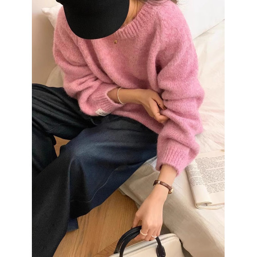 藍色圓領毛衣女秋冬小個子寬鬆慵嬾風套頭加厚針織衫軟糯內搭上衣