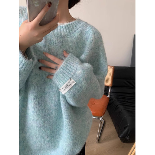 藍色圓領毛衣女秋冬小個子寬鬆慵嬾風套頭加厚針織衫軟糯內搭上衣