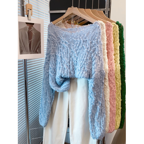 花紗一字領鏤空麻花毛衣女套頭2025初秋新款寬鬆慵嬾風上衣針織衫