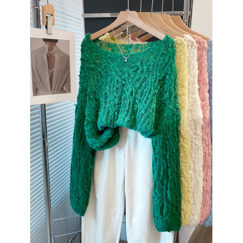 花紗一字領鏤空麻花毛衣女套頭2025初秋新款寬鬆慵嬾風上衣針織衫