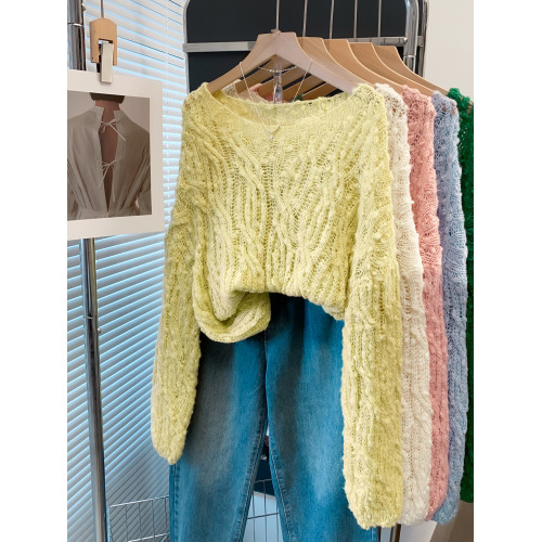 花紗一字領鏤空麻花毛衣女套頭2025初秋新款寬鬆慵嬾風上衣針織衫