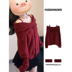 聖誕新年過年紅色一字肩蝴蝶結毛衣女秋冬季慵嬾風露肩針織衫上衣