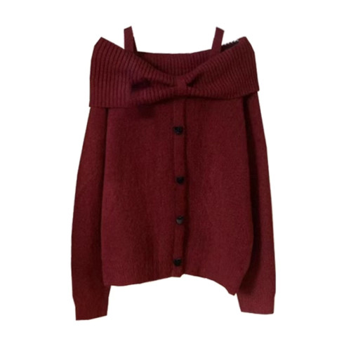 聖誕新年過年紅色一字肩蝴蝶結毛衣女秋冬季慵嬾風露肩針織衫上衣