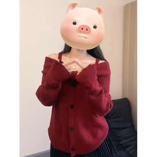 聖誕新年過年紅色一字肩蝴蝶結毛衣女秋冬季慵嬾風露肩針織衫上衣