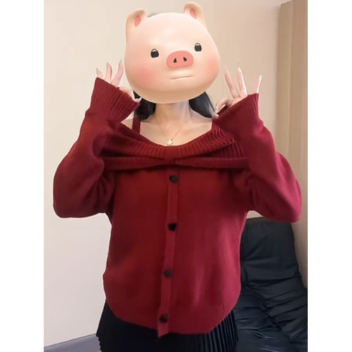 聖誕新年過年紅色一字肩蝴蝶結毛衣女秋冬季慵嬾風露肩針織衫上衣