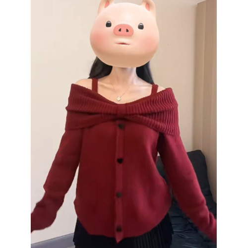 聖誕新年過年紅色一字肩蝴蝶結毛衣女秋冬季慵嬾風露肩針織衫上衣