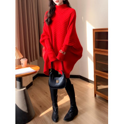 慵嬾風寬鬆大碼毛衣女秋冬新款韓版中長款蝙蝠針織衫外穿打底上衣