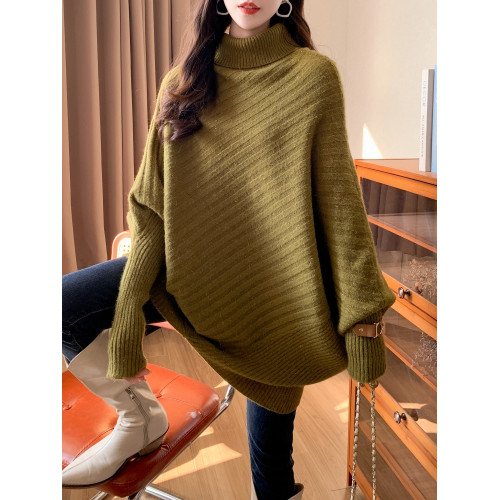 慵嬾風寬鬆大碼毛衣女秋冬新款韓版中長款蝙蝠針織衫外穿打底上衣