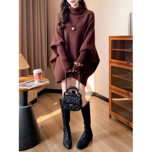 慵嬾風寬鬆大碼毛衣女秋冬新款韓版中長款蝙蝠針織衫外穿打底上衣