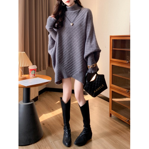 慵嬾風寬鬆大碼毛衣女秋冬新款韓版中長款蝙蝠針織衫外穿打底上衣