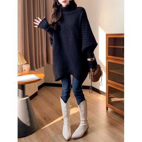 慵嬾風寬鬆大碼毛衣女秋冬新款韓版中長款蝙蝠針織衫外穿打底上衣