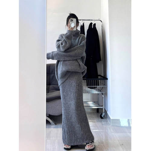 慵懶風浣熊絨灰色高領套頭毛衣女秋冬軟糯高級感加厚針織上衣外穿