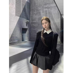 美式復古假兩件絞花黑色毛衣女秋冬慵懶高級感短款打底針織衫上衣