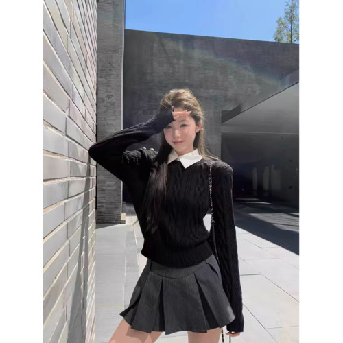 美式復古假兩件絞花黑色毛衣女秋冬慵懶高級感短款打底針織衫上衣